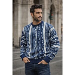 Vtg 90s Florence Tricot Coogi Style 3D Knit Sweater Mens XL Textured Blue Preppy